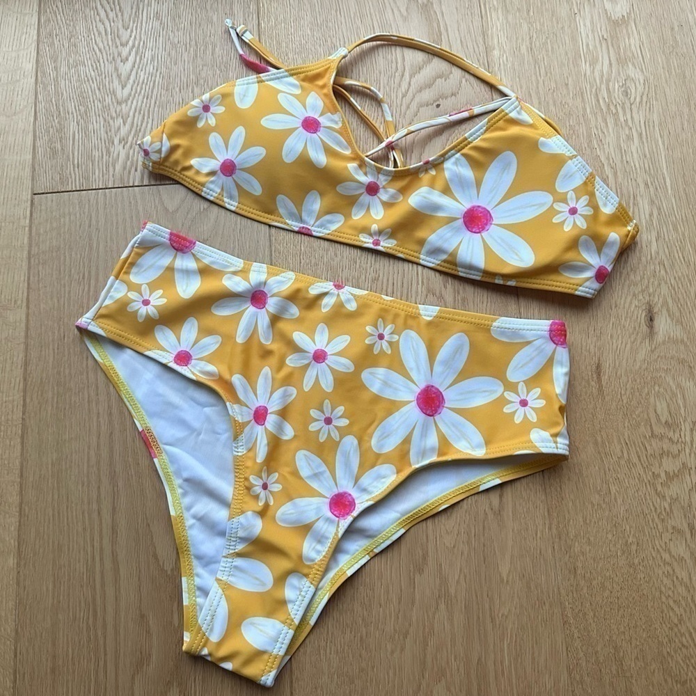 ROMWE FLORAL YELLOW HIGH WAIST BIKINI  - M